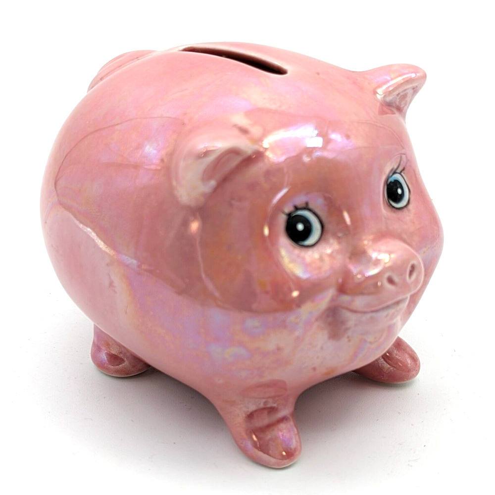 Mid Century Pink Piggy Bank Lusterware Anthropomorphic Coin Bank